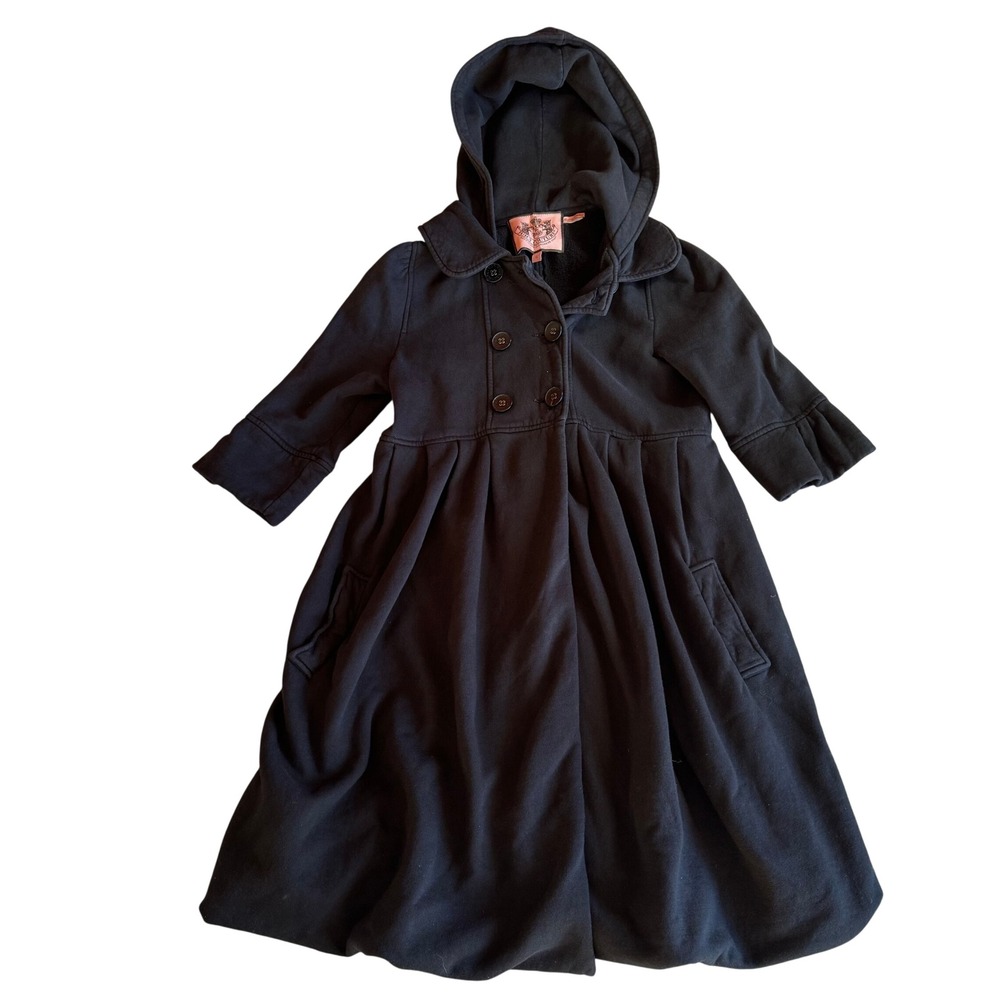 Vintage Juicy‎ Couture Black Hooded Pea Coat Jacket Pleated Empire Waist Small